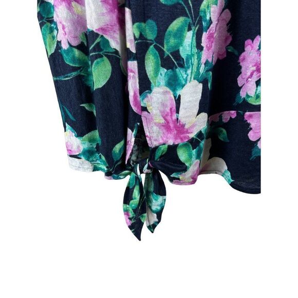 J. Jill Love Linen Tropical Floral Side Tie Short Sleeve Top Blouse Large Navy - Picture 3 of 9